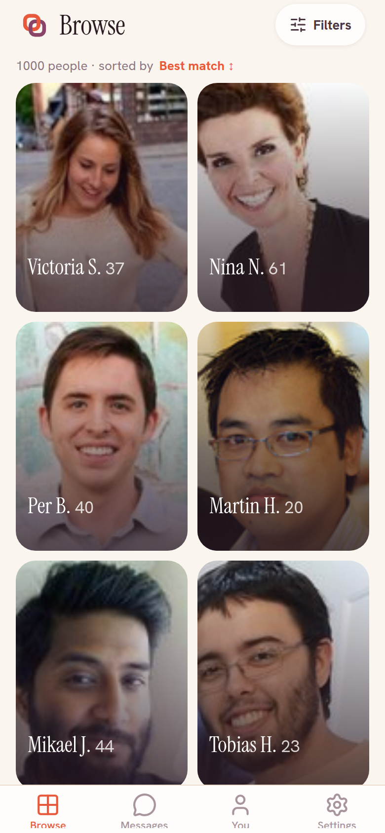 The Jarta browse grid — real profiles, ranked by shared values
